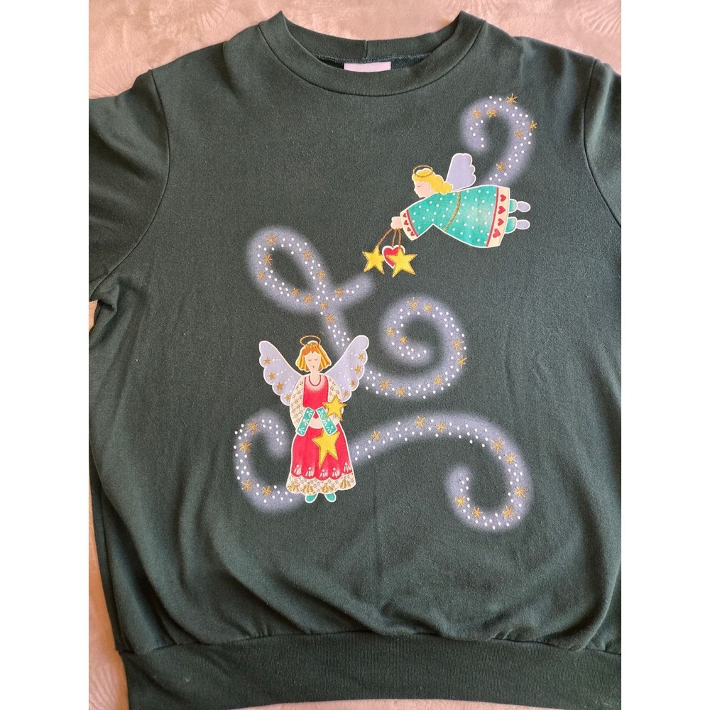 Vintage 90s Christmas Angel Graphic Sweatshirt Forest Green Glitter Stars XL